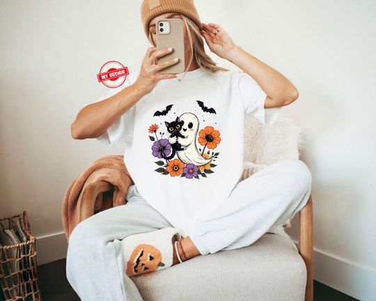 Retro Halloween Ghost & Cat T-Shirt, Spooky Preppy Floral Tee