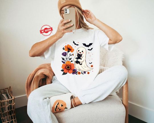 Cute Ghost Cat Halloween Shirt, Floral Pumpkin Tee