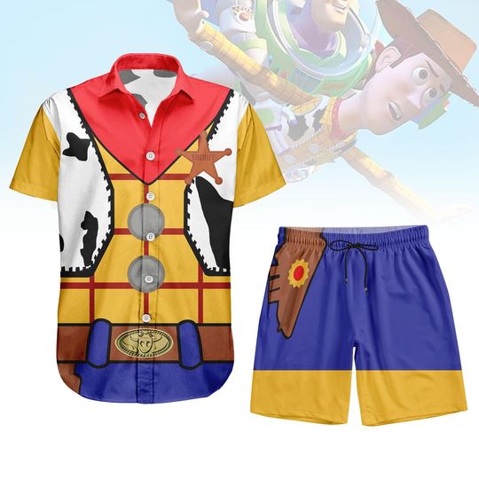 Toy Story Woody Costume Button Shirt, Unisex Shorts, Disney Woody Cosplay Outfit, Cowboy Hawaiian Shirt, Cartoon Shirt, Halloween Shirt