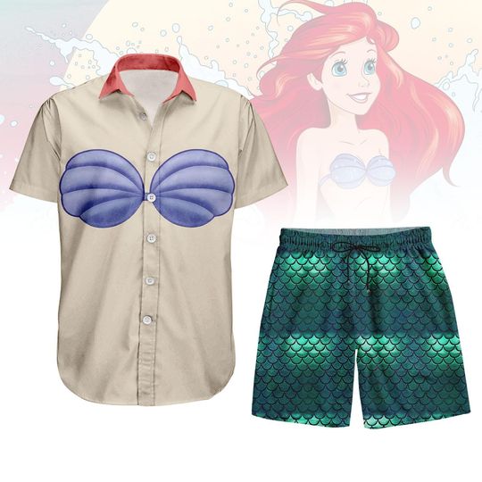 Discover Disney Ariel Princess Costume Button Shirt, Unisex Shorts, Little Mermaid Cosplay, Halloween Hawaiian Shirt, Disneybound, Gift For Her