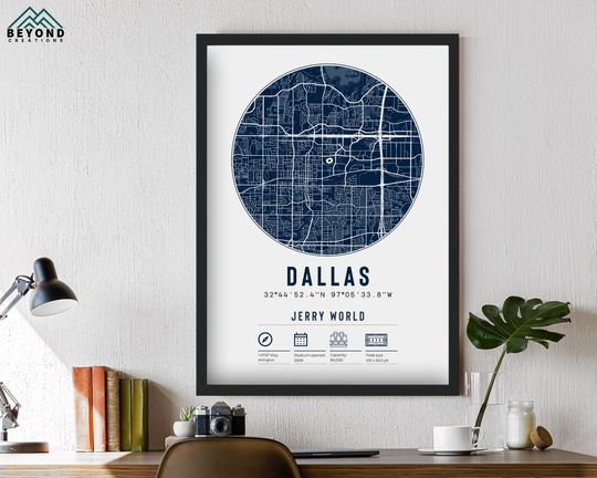 Dallas Cowboys Jerry World Stadium Map Poster Framed Wall Art Football Gift for Him Dad Brother Granddad Uncle