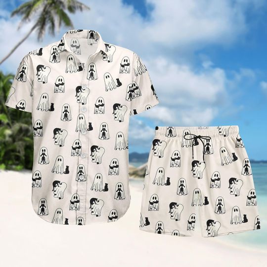 Discover Halloween Black Cat And Ghost Button Shirt, Men Shorts, Ghost Hawaiian Shirt, Spooky Season Cat Shirt, Cute Women Outfit,Halloween Gift