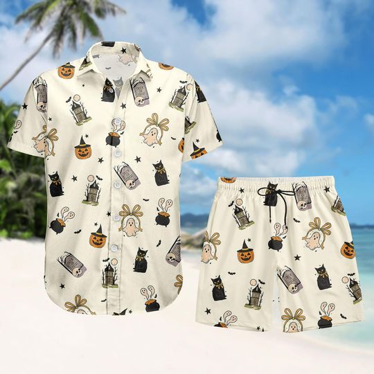 Halloween Cute Ghost Pumpkin Cat Button Shirt, Men Shorts, Cute Ghost Hawaiian Shirt, Retro Ghost Holiday Shirt, Fall Spooky Cat Shirt