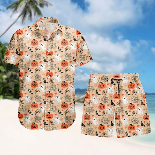 Discover Halloween Cute Ghost Pumpkin Bat Button Shirt, Men Shorts, Cute Ghost Hawaiian Shirt, Retro Ghost Holiday Shirt, Fall Spooky Cat Shirt