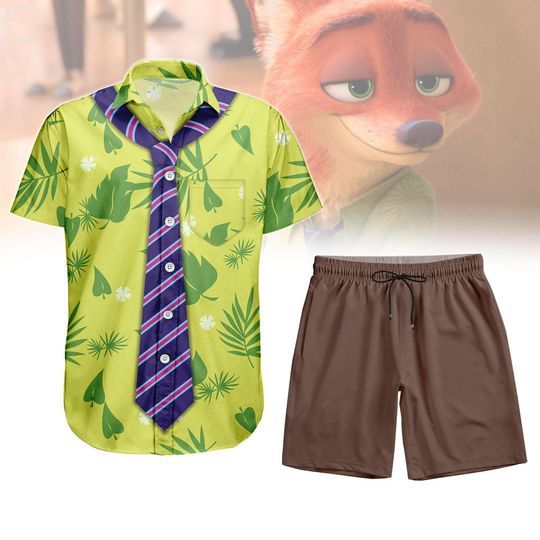 Halloween Nick Wilde Button Shirt, Men Shorts, Disney Zootopia Cosplay Costume, Animal Kingdom, Disney World, Disneyland Hawaiian Shirt