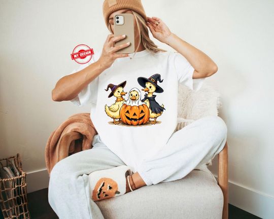 Cute Halloween Duck T-Shirt, Witch Ghost Pumpkin Duck Tee, Funny Fall Animal Outfit