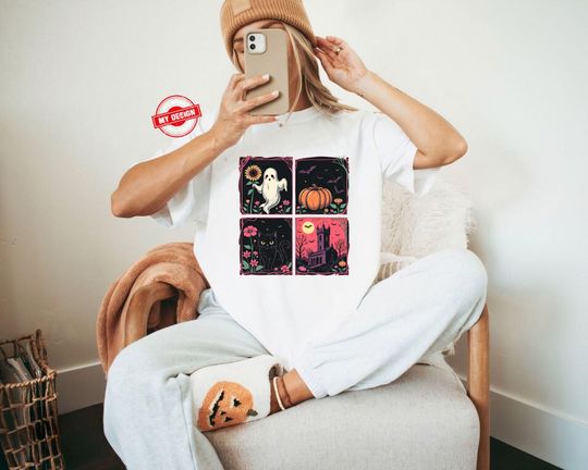 Vintage Halloween T-Shirt, Ghost Cat Pumpkin Tee