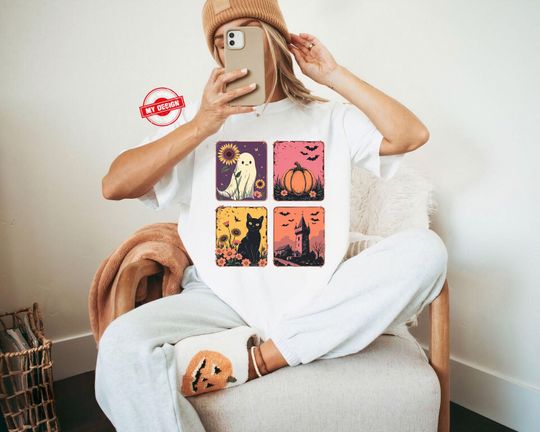 Discover Vintage Halloween T-Shirt, Ghost Cat Pumpkin Tee