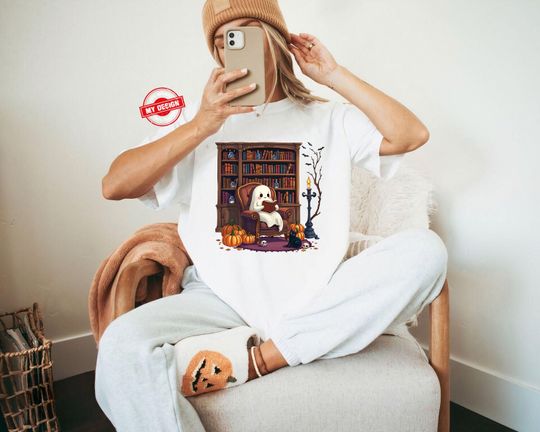 Retro Ghost Reading Books T-Shirt, Librarian Ghost Halloween, Halloween Teacher Shirt, Teacher Gift, Boo School