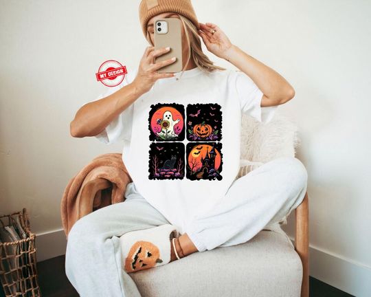 Discover Halloween Ghost Cat T-Shirt, Spooky Pumpkin Moon Tee
