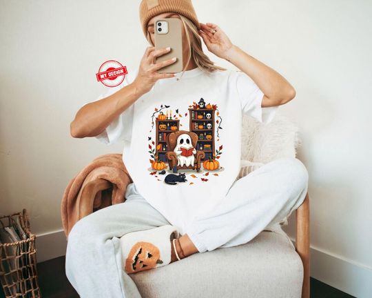 Discover Retro Ghost Reading Books T-Shirt, Librarian Ghost Halloween, Halloween Teacher Shirt, Teacher Gift, Boo School