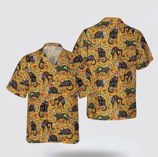 Cat Halloween Flower Colorful Pattern Hawaiin Shirt