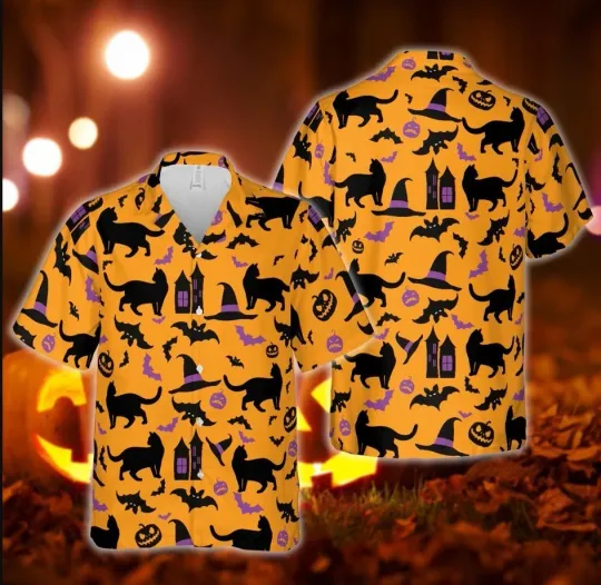 Discover Happy Halloween Black Cat Hawaiian Shirt
