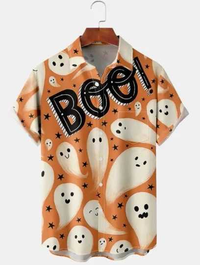 Halloween Ghost Boo Crew Print Casual Short Sleeve Hawaiian Shirt