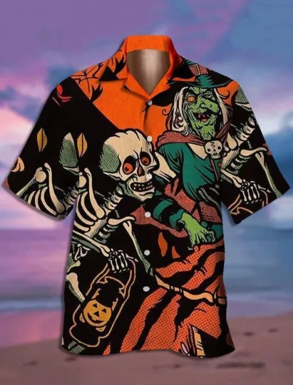 Discover Retro Halloween Skull Print Short Sleeve Hawaiian Shirt