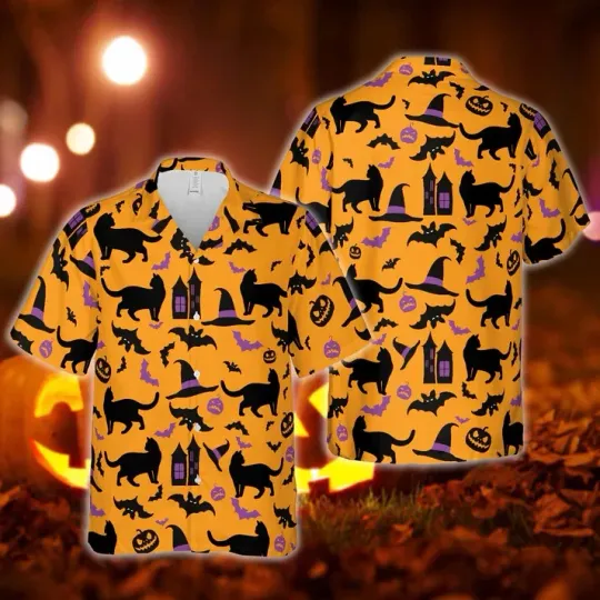 Discover Happy Halloween Black Cat Hawaiian Shirt Men Women