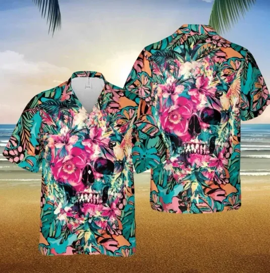 Discover Skull Tropical Flower Hawaiian Shirt, Funny Skull Halloween Button