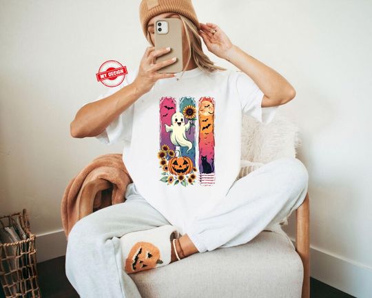 Discover Halloween Cute Ghost Pumpkin Cat T-Shirt, Retro Ghost Tee, Women's Halloween Shirt, Fall Spooky Cat shirt