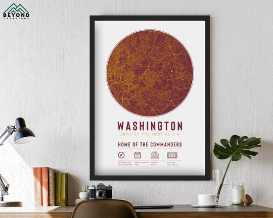 Washington Commanders Stadium Map Vertical Poster Framed Gift for Him, Dad, Brother, Granddad, Uncle American Football Decor