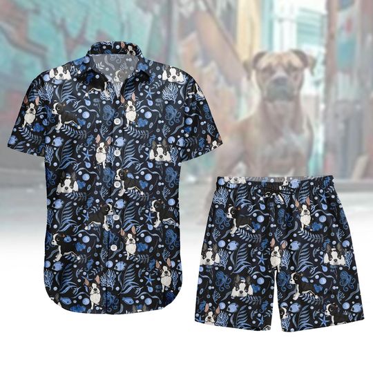 Boston Terrier Button Shirt, Men Shorts, Blue Ocean Pattern Shirt, Terrier Hawaiian Shirt, Dog Lover Shirt, Dog Mom Summer Beach Shirt