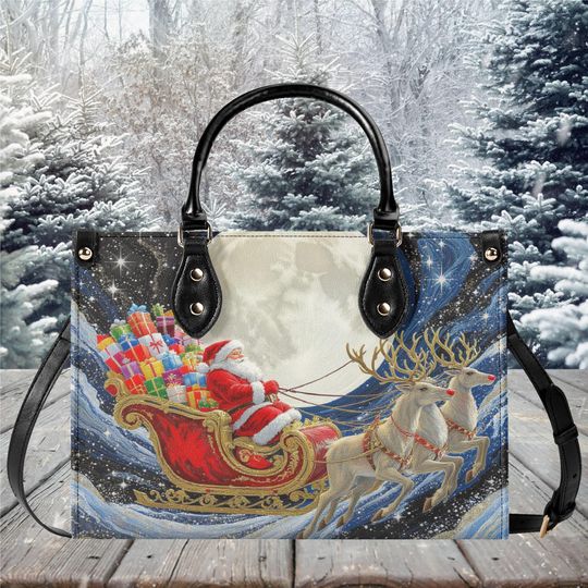 Discover Luxury Women’s Vegan Leather Christmas Tote Bag with Santa and Reindeer Holiday Season Purse