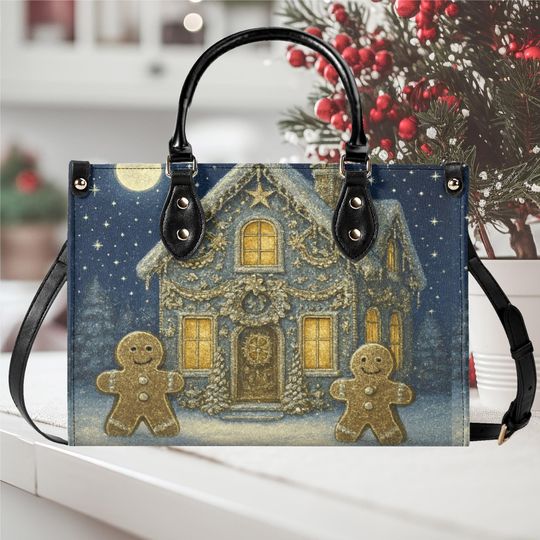 Discover Luxury Women Vegan Leather Handbag Tote with Christmas Gingerbread Cottage Winter Design