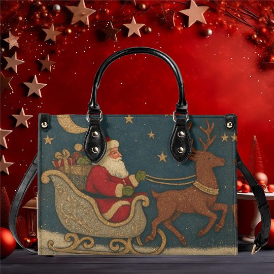 Discover Women Vegan Leather Handbag Tote with Christmas Santa Claus Reindeer Winter Design