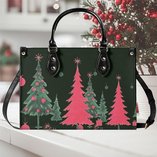 Luxury Women’s Vegan Leather Tote Bag – Green & Pink Christmas Holiday Season Design