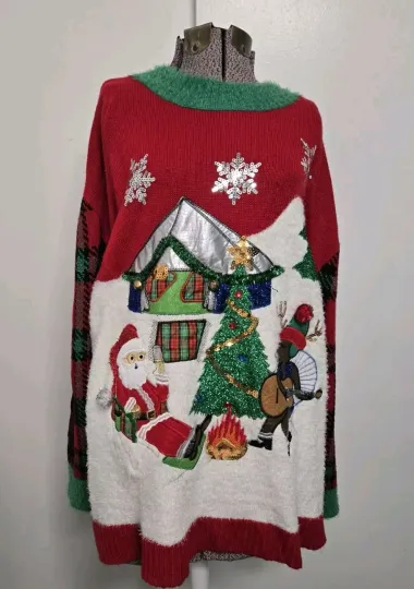 Discover Womens Merry & Bright  Ugly Christmas Sweater Brand Santa & Reindeer Size 2X