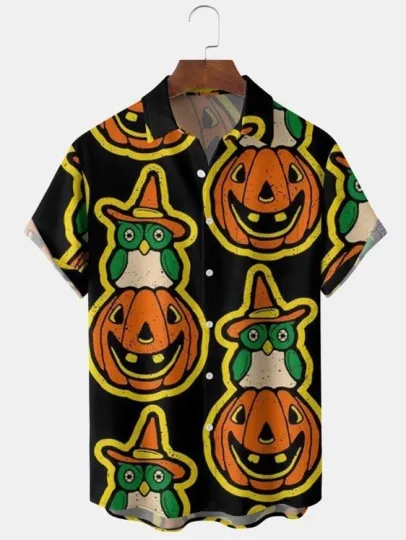 Discover Funky Halloween Pumpkin Print Front Buttons Soft Breathable  Hawaiian Shirts
