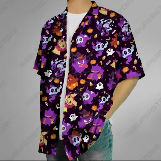 Discover Gengar Mimikyu Ghost Hawaiian Button-Up Shirt Halloween Hawaii Shirt