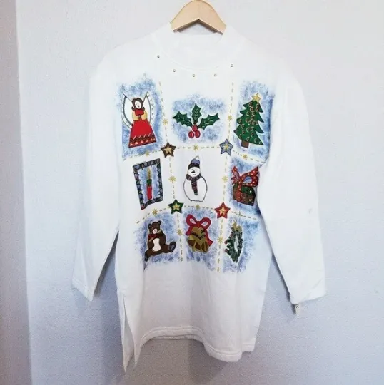 KWBL Vintage Ugly Christmas Sweater Size S White