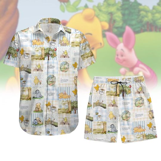 Winnie The Pooh Button Shirt, Men Shorts, Disney Cartoon Hawaiian Shirt, Pooh And Friends Summer Shirt, Pooh Eeyore Piglet Tigger Shirt