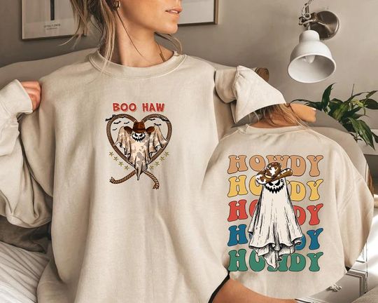 Retro Ghost Cowboy Sweatshirt, Howdy Boo Halloween Western Sweatshirt