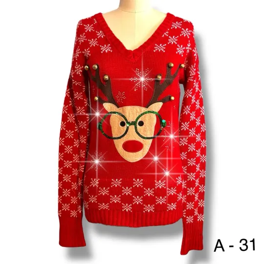 Ugly Christmas Sweater Womens Sz M Red Rhinestone Blizzard Reindeer Glasses