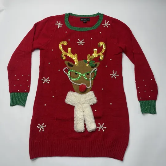 Discover Blizzard Bay Women's Ugly Christmas Reindeer W/ Pearls Sweater Sequin Red Size M