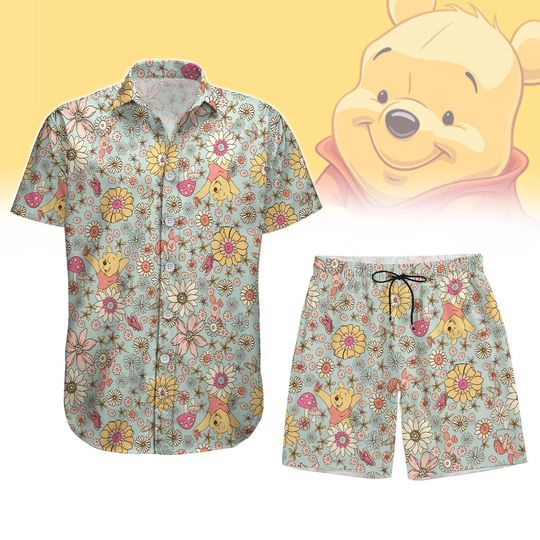 Winnie Pooh Flower Button Shirt, Men Shorts, Pooh Floral Summer Hawaiian Shirt, Hunny Bear, Disney Cartoon Beach Shirt, Vacation Gift