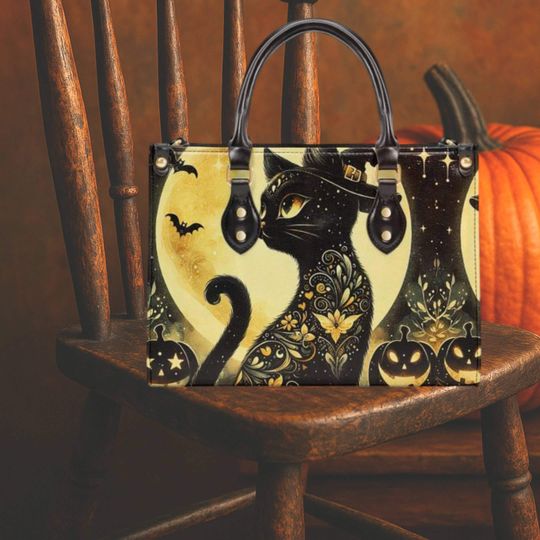 Halloween Black Cat Moon Tote Bag with Leather Handles, Witchy Design