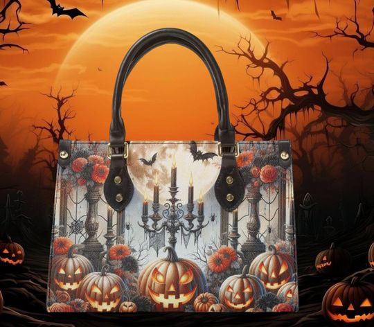 Discover Shoulder bag tote purse Halloween pumpkin design fun cute top handles has a latch for closure no top zipper no strap Halloween handbag