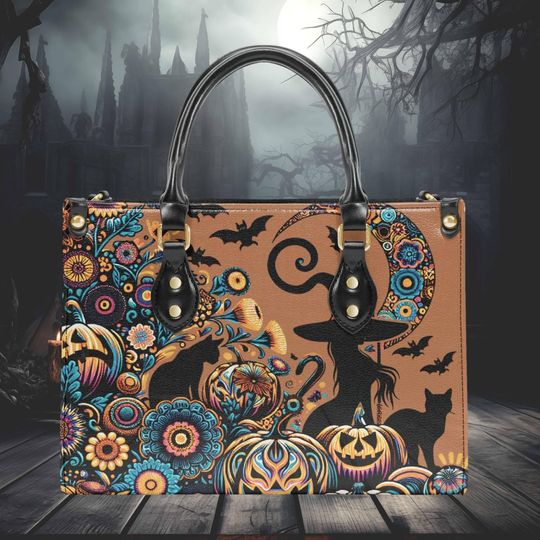 Women's Tote Bag Shoulder Bag Vegan Leather with Halloween Witch, Black Cat, Pumpkin