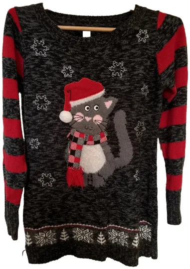 Ugly Christmas sweater Cat In Santa Hat Junior’s Size:M(7-9)