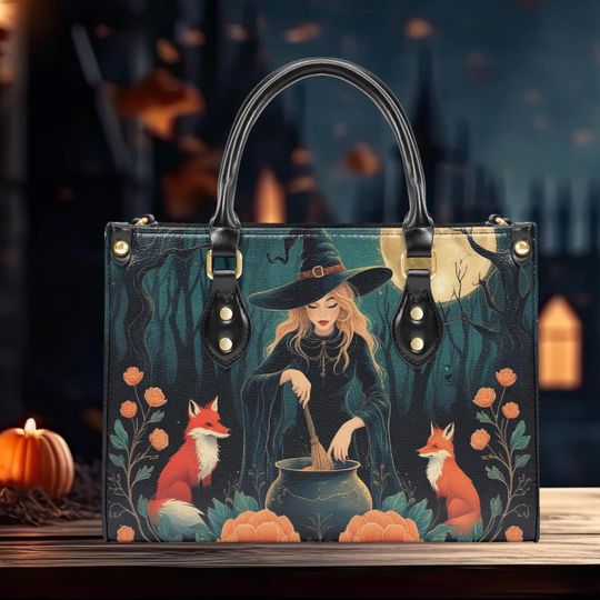 Women's PU Leather Tote Shoulder Bag Halloween Botanical Design with Red Fox and Pumpkin