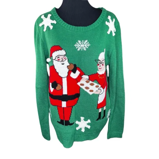 Discover Christmas Ugly Sweater Woman's Santa Mrs Claus Cookies Green W Snowflakes Sz XL