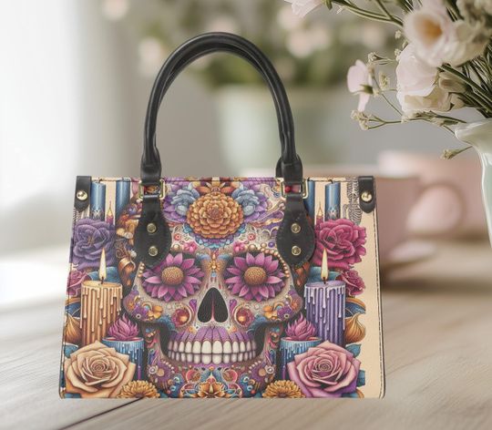 Discover Shoulder bag tote purse Halloween skull floral design fun cute top handles has a latch for closure no top zipper no strap Halloween handbag