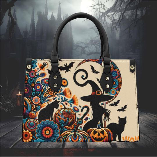 Halloween whimsical pumpkin black cat witch design handbag shoulder bag tote purse Vegan leather cute fun, No strap Halloween handbag witchy