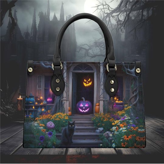 Halloween Black Cat and Pumpkin Design Leather Shoulder Bag, Whimsical Haunted House Tote, Vegan Cute Purse