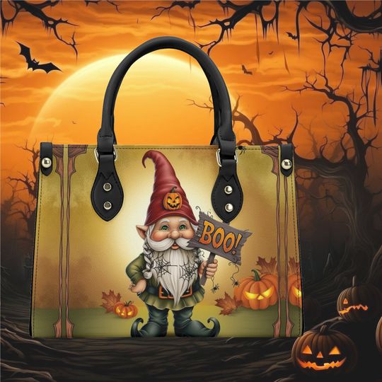 Discover Halloween spooky Boo Elf pumpkin whimsical design handbag shoulder bag tote purse Vegan leather Perfect for a Halloween party No strap