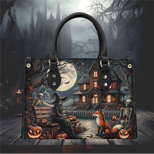Discover Halloween scary witch red fox haunted house whimsical pumpkin skeleton design handbag bag tote purse Vegan leather cute fun, No strap witchy