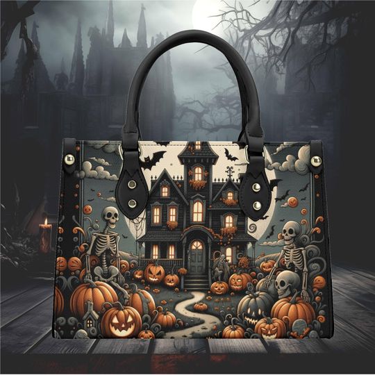 Discover Halloween whimsical pumpkin skeleton haunted house witchy forest design handbag shoulder bag tote purse Vegan leather cute fun, No strap