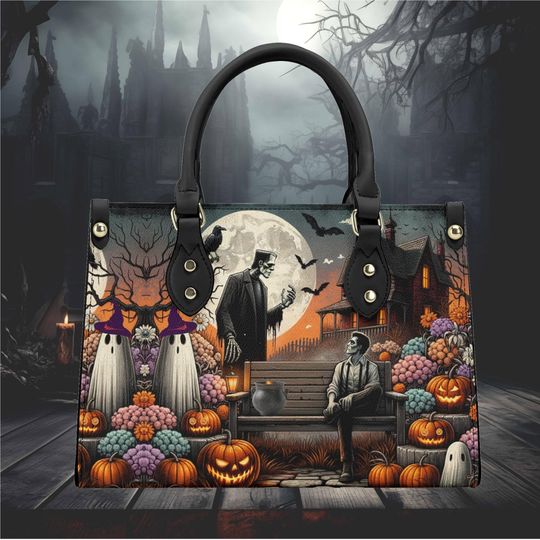 Haunted House Pumpkin Frankenstein Ghost Design Vegan Leather Bag Shoulder Tote Purse No Strap